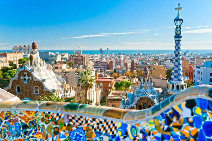 A colorful tiled rooftops of Park Güell, Barcelona, Spain