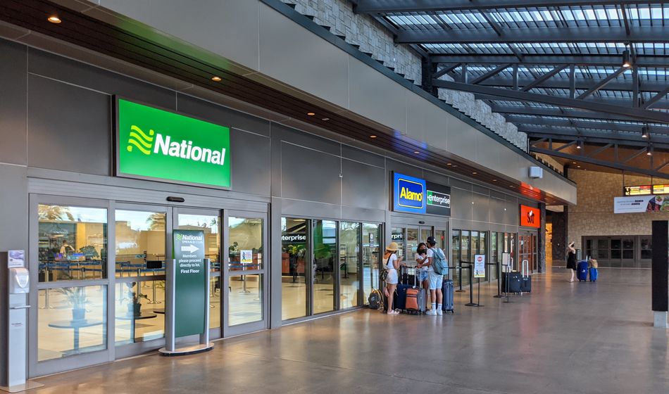 National, Alamo and Enterprise car rental stations at airport.