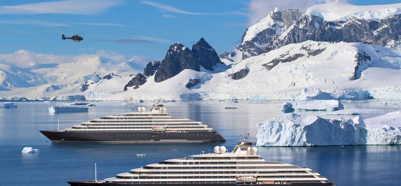 Image: The Scenic Eclipse I and Scenic Eclipse II in the Gerlache Strait of Antarctica. (photo via Scenic Luxury Cruises & Tours) (Source: (photo via Scenic Luxury Cruises & Tours))