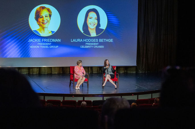 Nexion President Jackie Friedman interviews Laura Hodges Bethge, president of Celebrity Cruises, during the opening general session. 