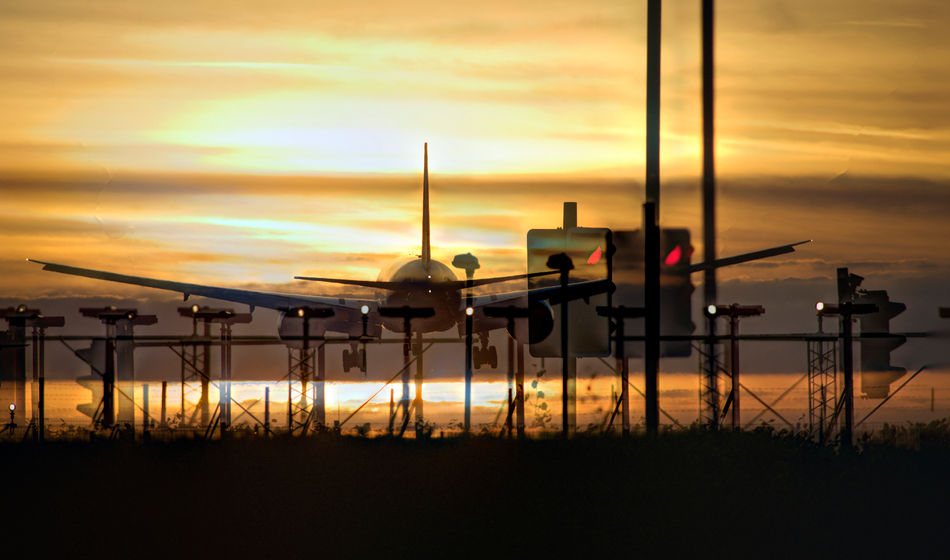 airport, airfield, airplane, jet, sunset, landing, runway, London, Heathrow, UK